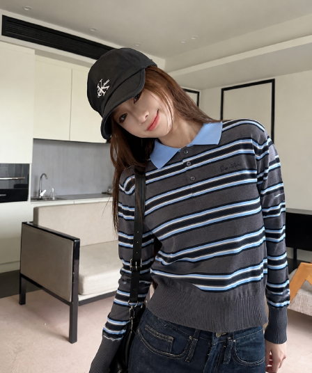 실사 한 부서 레트로 학원 POLO 칼라 해군 스트라이프 니트 스웨터 여자 가을 겨울 새로운 맨위