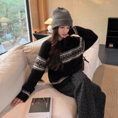 批发时尚费尔岛圆领羊毛加厚保暖毛衣女秋冬休闲长袖针织衫YY-9396