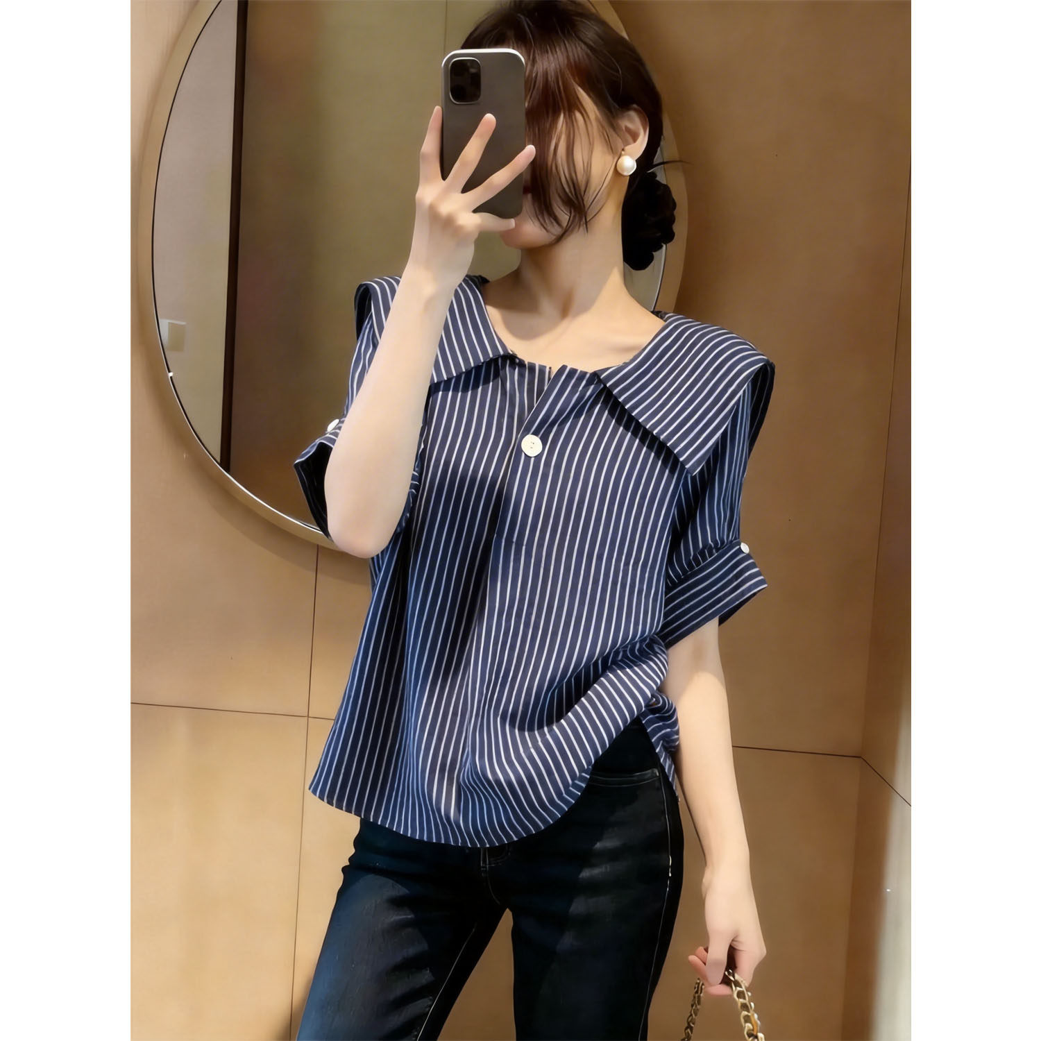 캐주얼 레트로 폴로 칼라 배색 스트라이프 여성 셔츠 여름 빅 사이즈 통통한 여동생 한국 스타일 패션 루즈핏 슬림해 보이는 셔츠