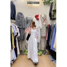 批发纯棉A字型宽松连衣裙松紧V领木耳边<b class='q'>长裙</b>