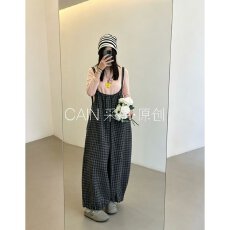 批发<b class='q'>女</b>装宽松阔腿束脚背带裤格纹高腰<b class='q'>连体裤</b>休闲<b class='q'>长裤</b>百搭