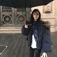 批发牛角扣大毛领连帽棉服外套女短款冬季韩系加厚工装派克服