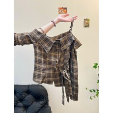 批发法式辣妹复古格子<b class='q'>不规则</b>长袖衬衫女早秋绝美一字肩吊带上衣高级感