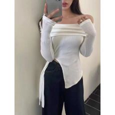 批发<b class='q'>不规则</b>开叉一字领针织衫女秋季2025年新款韩版设计感露肩气质上衣