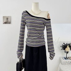 批发韩系<b class='q'>不规则</b>斜领露肩条纹长袖T恤女秋2025设计感减龄修身显瘦上衣