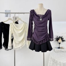 批发法式纯欲风蕾丝边拼接荡领长袖T恤女秋季<b class='q'>不规则</b>飘带褶皱修身上衣