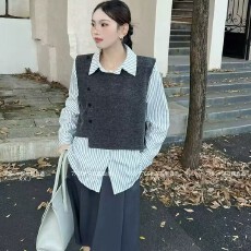 批发<b class='q'>两件套</b>长袖条纹衬衫女2025春秋新款撞色拼接衬衣宽松显瘦T恤上衣