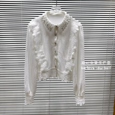 批发小香风珍珠蕾丝勾花边气质名媛衬衫女装秋季别致小衫短款内搭上衣