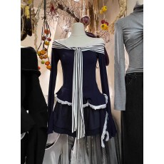 批发纯欲蕾丝拼接假两件<b class='q'>不规则</b>打底衫女内搭条纹绑带一字露肩上衣早秋