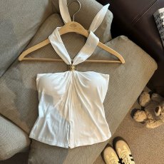 批发高级感黑色高领<b class='q'>无袖</b>挂脖背心女夏季修身内搭外穿纯欲短款打底上衣