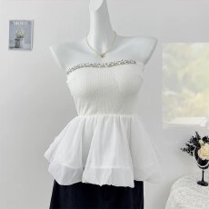 批发名媛风气质重工镶钻一字肩抹胸背心女春季法式设计感褶皱裙摆上衣