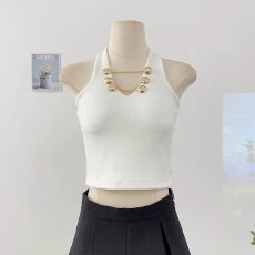 批发辣妹纯欲金属链挂脖露肩背心女春季2025新款设计感修身短款打底衫