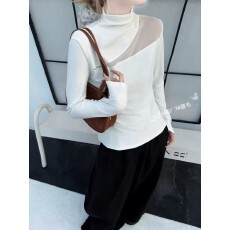 批发设计感半高领拼接网纱磨毛<b class='q'>长袖</b>T恤女2025秋冬新款洋气打底衫上衣