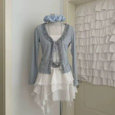 批发纯欲甜辣假两件短款木耳边V领蝴蝶结长袖T恤秋装新款系带休闲上衣