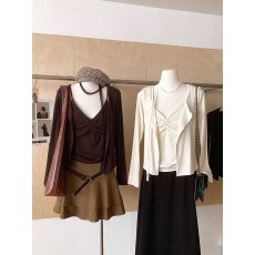 批发韩系温柔风<b class='q'>长袖</b>开衫女2025早秋显瘦褶皱吊带背心套装配飘带