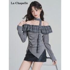 批发2025复古辣妹一字肩荷叶边格纹拼接长袖T恤女秋季设计感上衣