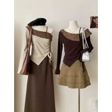 批发复古斜领露肩<b class='q'>长袖</b>t恤女2025秋季新款别致不规则拼接格子上衣