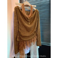 批发一字肩针织衫女秋冬巨好看的绝美上衣挂脖蕾丝<b class='q'>吊带</b>内搭两件套毛衣