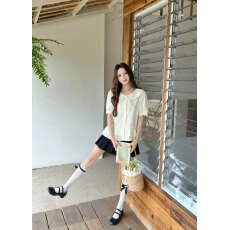 批发甜美木耳边蝴蝶结系带<b class='q'>娃娃领</b>短袖衬衫女夏2026时尚减龄单排扣上衣