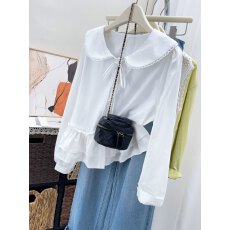 批发甜美木耳边蝴蝶结系带<b class='q'>娃娃领</b>长袖衬衫女春2026时尚减龄单排扣上衣