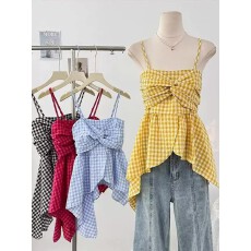 批发2026蓝色格纹<b class='q'>无袖</b><b class='q'>吊带</b><b class='q'>背心</b>女夏季不规则下摆收腰显瘦外穿上衣衫