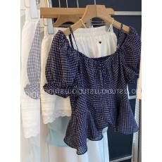 批发格子<b class='q'>短袖</b>衬衫2026夏季新款大码女装胖mm别致漂亮遮肚露肩小衫上衣