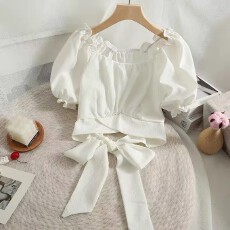 批发方领雪纺衬衫女夏季2026新款法式泡泡袖衬衣后背绑带镂空短款上衣