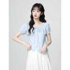 批发蓝色蝴蝶结系带<b class='q'>短袖</b>衬衫女夏2026夏季新款蕾丝边娃娃衫衬衣短上衣
