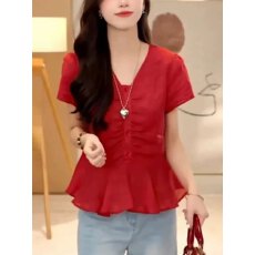 批发2026夏季新款<b class='q'>韩版</b>时尚百搭气质V领短袖衬衫纯色女修身显瘦上衣