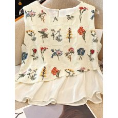 批发2026蓝色棉麻<b class='q'>无袖</b>上衣女夏季多巴胺套装民族风独特不规则娃娃<b class='q'>背心</b>