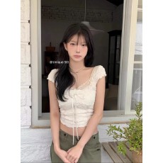 批发2026夏日温柔气质肌理蕾丝褶皱蝴蝶结系带显瘦<b class='q'>短袖</b><b class='q'>T</b><b class='q'>恤</b>上衣