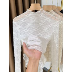 批发木耳边半高领蕾丝小衫女2026<b class='q'>新款</b>网纱<b class='q'>打底衫</b>女高级感内搭镂空纱衣