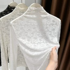 批发2026蝴蝶提花蕾丝<b class='q'>打底衫</b>女夏款半高领内搭<b class='q'>修身</b>长袖薄纱上衣木耳边