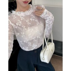 批发韩国杏2026夏<b class='q'>新款</b>娃娃领宽松花边长袖内搭打底蕾丝衫女上衣