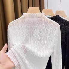 批发2026木耳边网纱<b class='q'>打底衫</b>女长袖夏<b class='q'>新款</b>内搭纱衣柔软洋气蕾丝上衣