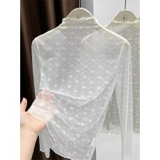 批发2026法式半高领木耳边波点小<b class='q'>碎花</b>蕾丝打底衫女梅花韩系纱衣