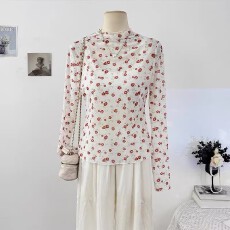 批发甜美碎花小清新半高领网纱<b class='q'>长袖</b>T恤女夏2026小众减龄叠穿微透上衣