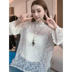批发2026蕾丝打底衫女夏款半高领纱衣配毛衣内搭网纱上衣小衫保暖
