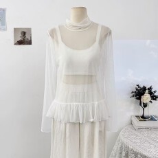 纯欲风镂空半高领长袖网纱T恤女夏季2026荷叶边减龄叠穿透视上衣