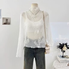 批发韩系肌理感刺绣<b class='q'>花朵</b>半高领网纱T恤女夏2026洋气减龄叠穿微透上衣