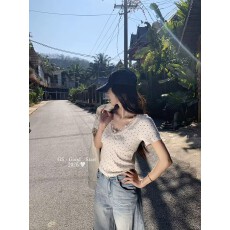 批发韩系辣妹蕾丝边拼接波点短款上衣女2026夏季<b class='q'>新款</b>短袖T恤设计小众