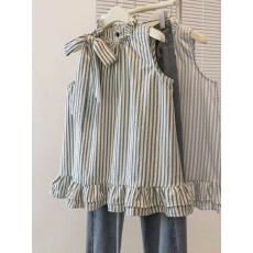 批发<b class='q'>大码</b>女装夏季高级感法式蝴蝶结蓝色条纹衬衫胖mm挂脖无袖<b class='q'>背心</b>上衣