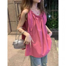 批发2026抽绳吊带背心衬衫女<b class='q'>夏季</b>宽松外穿海边度假雪纺娃娃衫无袖上衣