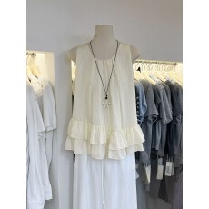 批发韩式棉麻背心女2026<b class='q'>夏季</b>新款时尚百搭宽松荷叶边下摆花边无袖上衣