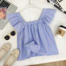 批发2026夏季设计感小清新碎花彩虹点点方领飞飞袖褶皱娃娃衫<b class='q'>衬衫</b>上衣