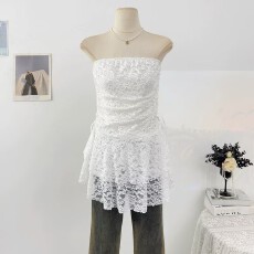 批发法式一字肩辣妹蕾丝抹胸<b class='q'>无袖</b>背心女夏2026设计感收腰显瘦裙摆上衣