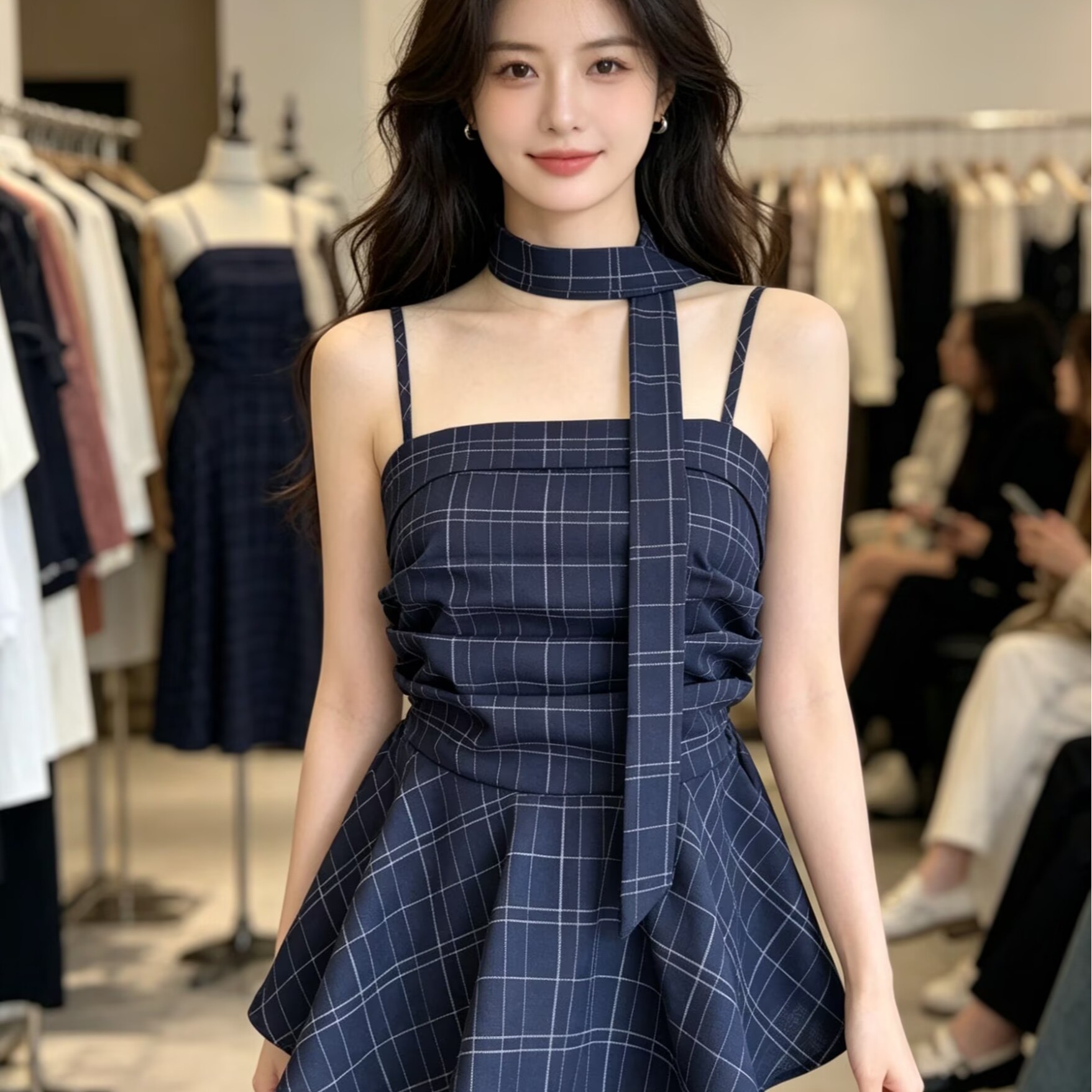 2026 한 부서 행침 목 파란색 체크무늬 캐미솔 여름 여성 주름 허리 수축 디자인 센스 맨위 경기 리본