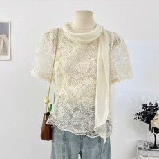 批发法式杏色刺绣<b class='q'>镂空</b>勾花挂脖飘带蕾丝衫女夏季2026时尚宽松叠穿上衣