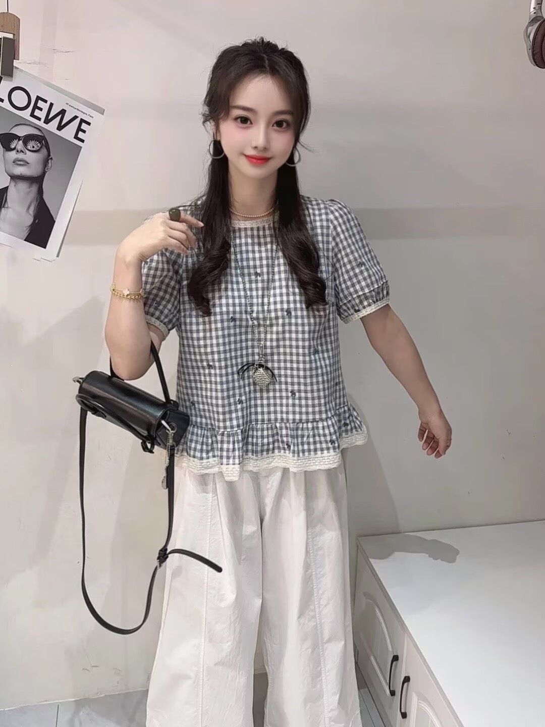 달콤함 자수 레이스 조각 배색 체크무늬 거품 소매 여성 셔츠 여름 2026 학원 스타일 루즈핏 연령 감소 맨위