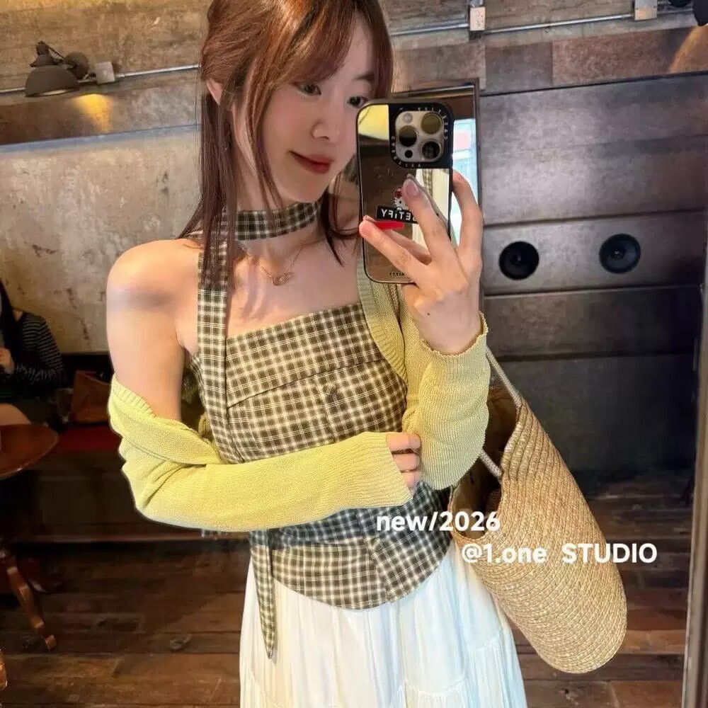 2026 고급 센스 체크무늬 행침 목 튜브탑 조끼 여성 여름 프릴 보트넥 오프숄더 핫걸 다용도 맨위